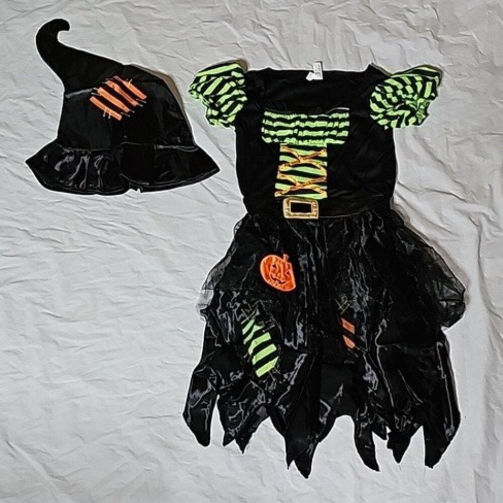 Pumpkin Patch Witch Girl Size Medium 8-10 Two Piece Dress, Hat Halloween Costume